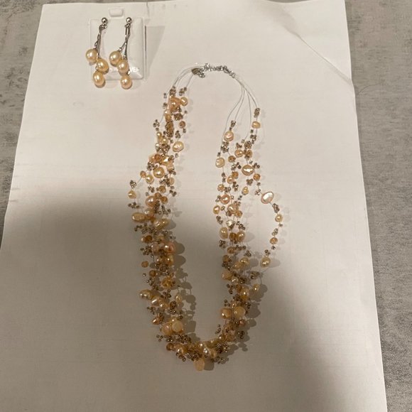 NEW Pink Gold Pearls Beaded multi layer necklace dangling earrings set - Picture 8 of 9